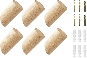 Hitopin Gancho de Madera, 6 Piezas Ganchos Percheros de Pared Madera, Perchero Madera, Percha Pared Madera, Con Accesorios de Tornillo, para Decoración de Dormitorio Colgar Abrigos Gorros Bufanda
