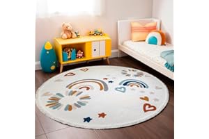 RUGURA Alfombra Infantil Redonda Habitación Niña Niño Dormitorio Arcoiris Nubes Estrellas Animales 160cm Crema Azul Turquesa Teja