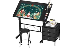 ‎DRIPEX Dripex Zeichentisch 0-60° Neigbar Architektentisch Verstellbarer Tischplatte Höhenverstellbar Arbeitstisch Zeichnung Computertisch mit Hocker und Schließfächern für Office und Home Schwarz