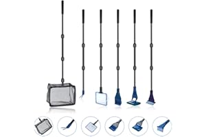 TOWEAR Kit de nettoyage 6 en 1 pour aquarium avec filet, cuillère, râteau à gravier, fourchette à plantes, raclette, éponge, connecteur, outil d'entretien pour aquarium