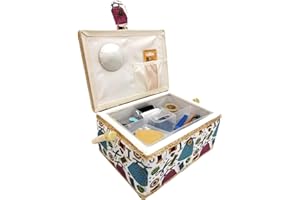 JYC CREATIVE Medium Wooden Sewing Box with Accessories, Fabric Lined Sewing Box with 4 Compartments, Organiser with Needle Holder, Box with Handle, Accessory Tray (Est Threads, Medium)