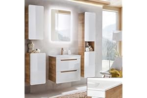 Lomadox Badmöbel Komplett Set, Hochglanz weiß mit Wotan Eiche Nb., 61 cm Waschtisch-Unterschrank mit Keramik-Waschbecken & LED-Spiegel