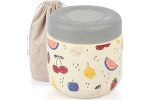 AUROAY Termo Comida Bebe 350ml con Diseño Frutas, Acero Inoxidable Doble Pared - Cierre Hermético Antifugas, Portátil con Bolsa de Transporte, Mantiene Calor/Frío, Fiambrera Térmica Infantil