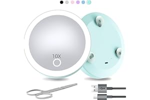 Suupvaor Espejo de Aumento con luz 10X, Espejo de Aumento Iluminado 10X con ventosas, Espejo de Maquillaje de Bolsillo Recargable de 10cm con Tijeras