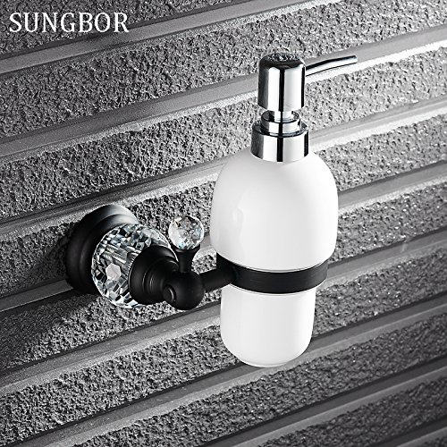 Preisvergleich Produktbild BATHAE Badezimmer Schwarz Flüssigseifenspender mit Kristall Bodenwand Seifenspender mit Keramik-Cup Bad Zubehör Sy-4905H