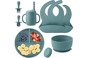 BINSUCA Set Pappa per Bambini Silicone Alimentare,7 Pezzi Set Svezzamento Silicone Piatto con Ventosa Ciotola Cucchiaio Forchetta Bavaglino,Antiscivolo Vassoio Senza BPA Impermeabili Set (Blue Green)