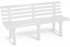 Spetebo Trädgårdsbänk i plast, 3-sitsig, 145 x 74 cm – vit – med ryggstöd, väderbeständig, 200 kg lastkapacitet – utomhus, parkbänk, terrassbänk