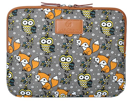 art&cherry © 13-13,3" Universal Notebook & Laptop Schutzhülle / Hülle / Tasche aus feinstem Canvas-Gewebe 13Zoll z.B. Apple MacBook / HP ProBook / Lenovo Ideapad Yoga 2 / Acer Aspire & ChromeBook / Asus Transformer / DELL XPS Computer Muster 7 ( Fuchs & Eule 'dunkel' )