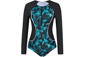 JASAMBAC One-Piece Rash Guard Swimsuits for Women Uv UPF 50+ Ladies Swimming Costumes with Removable Pads Zip UP Surf Suit Long Sleeves Modest Swimwear Elastic Swim Bodysuits Bathing Suit