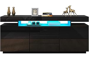 Senvoziii LED Sideboard Cupboard Cabinet High Gloss 2 Doors 3 Drawers Storage with Open Case TV Stand Unit for Dining Room Living Room Kitchen