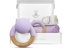 Little Giggles Co.® Baby Gift - Girl Teething Toys & Large Muslin Cloths Gift Set. Sensory Play Rattle, Soothing Teether Ring, Cotton Baby Muslins. Baby Essentials for Newborn Girl & Baby Shower Gifts
