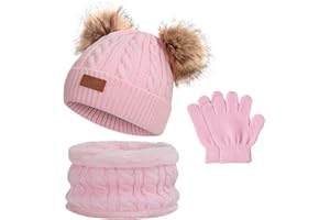 Floepx Mütze Set Jungen Mädchen,Mütze und Halstuch Baby Set,Bommel Beanie Strickmütze,Baby Mütze Beanie Strickmütze,Schal Mütze und Handschuhe,Kinder Wintermütze Schal Handschuhe,für Kinder 1-3 Jahre