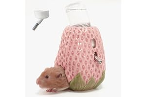 Kelivi Hamster Water Bottle, Strawberry Ceramic Guineapig Stand Holder for Glass Tank, 80ML Water Bottle Holder with 2 No Drip Caps for Syrian Mice, Gerbil