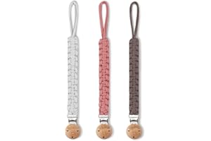 Luvadeyo® Attache-tétine en coton, clip en bois, tissé à la main, style moderne de castration, pour usage bébé (3 jeux blanc/kaki/poudre)