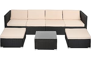Panana 6 Seater Rattan Garden Furniture Set Wicker Patio Lounge Sofas with Table Stools Sectional Modular Combination for Conservatory Outdoor Backyard Poolside