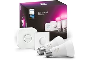 Philips Hue - Bombilla Inteligente, A60 E27, Luz Blanca y de Colores, 9W (Eq. 75W) 1100 lm, Compatible con Alexa y Google Home - Pack de 2 Bombillas LED inteligentes + Botón Inteligente + Hue Bridge
