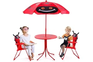 GOPLUS Ensemble de Jardin pour Enfant Extérieur Charge Maximale de Chaise 30KG avec Parasol Matières Tube en Acier et Tissu Oxford Solide Motif en Coléoptère Rouge pour Jardin/Balcon