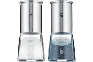 WMF De Luxe Salz und Pfeffermühle Set 2-teilig, befüllt, Cromargan Edelstahl, Glas, Grinder, stufenose Einstellung der Mahlstärke, Keramikmahlwerk, Mühle für Salz, Pfeffer, Gewürze