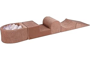 MEOWBABY Aire De Jeux avec Piscine à Balles pour Enfants - Blocs d'escalade en Mousse avec 100 Balles, Velvet, Beige: Blanc/Transparent