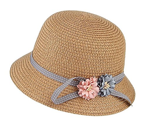 Preisvergleich Produktbild Kumkey Strohhut Sonnenhut Kinder Mädchen Faltbar Sonnenschutz Zwei Blumen Breite Krempe Luftiger Hut Sommerhut Sonnenschutz kappe (Khaki)