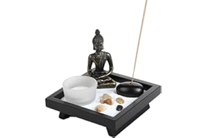 LONDON BOUTIQUE Japanese Zen Garden Kit Thai Sitting Buddha Ornament Statue Candle Holders Natural Stone Rattan Incense Gift Set (Sitting Budha HD38)