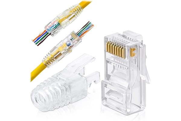 FEDUS RJ45 Cat6 Pass-Through Connectors & Strain Relief Boots EZ to Crimp Modular Plug for Solid or Stranded UTP Network Cable, Male Ethernet Connector End, PACK 30 Transparent Boot
