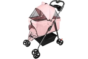 OHMG Poussette buggy pliable animaux chariot pliante chien chat porte-gobelet panier de rangement inclus roues avec frein tissu 600D Oxford acier,avec nacelle amovible caisse de transport pliable