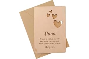 nagu® Regalos Originales para el Día del Padre, Tarjeta de Madera Sostenible, Emotiva Frase para Papa, Incluye Soporte, Sobre y Sticker, con Corazones Calados, 10 x 15 cm