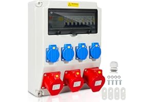 Distribuidor de pared Joparri con RCD y disyuntor, 4x tomas Schuko y tomas CEE 16/32A, distribuidor de corriente de obra de 5 polos, distribución de corriente para obra interior exterior