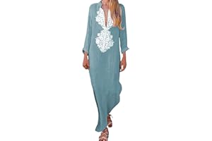 Taigood Lungo con Scollo a V Stampato Maxi Vestiti in Cotone e Lino Sciolta da Donna Abiti Lunghi Eleganti Camicetta Largo Casual Estivi Vestiti Taglie Forti