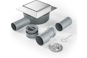 Bernkot Caniveau de douche carré 10 x 10 cm, siphon 360° avec système anti-odeurs et tamis à cheveux, 2 en 1, en acier inoxydable, pouvant être carrelé, très plat DN50 DN40