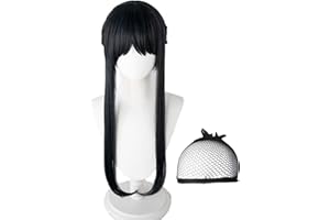 Eteslot Spy X FAMILYS Cosplay, Anime Yor Forger Cosplay, Pelo Negro Largo Resistente al Calor sintético Halloween rol Pelucas Mujer con Gorro Peluca
