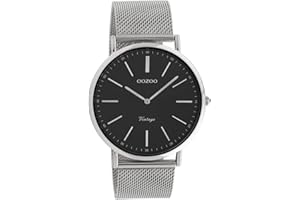 Oozoo Montre-bracelet vintage avec bracelet en métal milanais en acier inoxydable plat avec seulement 7 mm de hauteur et 44 mm de diamètre dans différentes variantes, C9895 - Noir/argenté, Bracelet