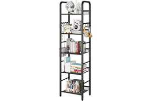 YMYNY Bookshelf, Bookcase, 5-Tier Storage Shelf, Metal Shelving Unit, 8Pcs S Hooks, Modern Style, 36 x 27 x 146 cm, Corner Shelf, Display Units for Living Room, Bedroom, Office, Black HBC055B
