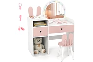 LIFEZEAL Specchiera Trucco per Bambina 3+Anni, con Luci, Sgabello, Sedia, Toeletta Tavolo, Forma di Coniglio, Postazione Make up, Vanity, Cassetti, Scomparti Aperti, Accessori, Cameretta (bianco)