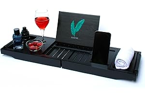 GENERISCH Lagune Badewannenablage Premium Bambus (schwarz) mit Ledergriffe, Kerzen-, Weinglas-, Buch-, Tablet-, iPad- und Telefonhalter