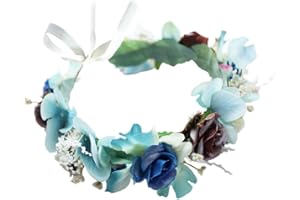 Brikuinr Flower Halo Floral Crown Wreath Flower Garland Headband Hair Wreath Hair Garland Floral Headpiece Boho with Ribbon Wedding Party Festival Blue