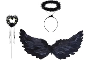 RONGZUBAT Schwarze Engelsflügel und Heiligenschein, 60*30 cm Federflügel Engels-Heiligenschein-Stirnband, schwarze Engelsflügel, gefallene Engelsflügel Kostüm für Erwachsene Frauen Kinder Engel Halloween