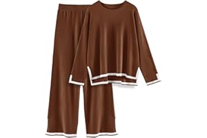 CMTOP Tuta Donna Completo Elegante 2 Pezzi Casual Tute da Ginnastica Tailleur Girocollo Maglia a Maniche Lunghe e Pantaloni a Gamba Larga Autunnale Invernale Completi Per La Casa