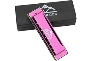 EastRock Harmonica - 10 Hole, 20 Tunes, Key of C, Mouth Organ for Beginners - Mini Blues Harmonica with Case and Cleaning Cloth (Pink)