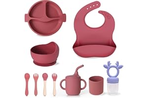 GOCUODE 10 Pièces Assiette Ventouse pour Bébé Set,Coffret Repas Bebe y Compris Tétine d'alimentation pour Bébé,Assiette, Bavoir,Bol,Cuillère,Tasse,Silicone,Sans BPA,Bébés à Partir de 6 Mois