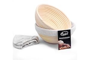 AROLA 2 Pack 22cm Canasta de pan Banneton,Canasta de Caña de Ratán Natural Tejida a Mano con tela de Lino, Suministros para Hornear para Panaderos Domésticos y Profesionales.