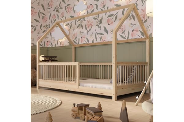 Crazy Pine Hussäng 90x190 cm – Montessori-säng i naturträ med fallskydd, höjdjusterbara ben och avtagbar barriär – Crazy Foll