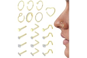 Morfetto 19 Piezas Piercing Nariz Acero Quirurgico Dorado Para Mujeres Hombres 18G/20G L-Hoja Septum Piercing Nariz Aro Tragus Helix Conch Nostril Accesorio​​ Plata/Oro