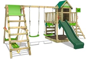 FATMOOSE Parque Infantil JazzyJungle Jam XXL con SurfSwing, Columpio y Tobogán Verde, Torre de Escalada para Niños al Aire Libre con Escalera de Arena y Accesorios de Juego para el Jardín