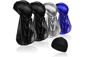 SAMSEROT 4 Pcs Silky Durag Caps Headwraps with Long Tail and 1 Piece Silk Wave Cap Perfect for Men 360 Waves