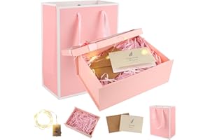 AUBESS Pudełko prezentowe z pokrywką, 22,5 x 16 x 8,5 cm, różowe pudełko prezentowe na urodziny, pudełko prezentowe z kartkami z życzeniami, torbą do noszenia, Raffia, łańcuch świetlny LED, opakowanie