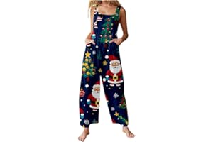GENERIC Xmas Onesies Christmas Jumpsuit For Women Uk Santa Claus Print Dungarees Snowman Print Tunic Long Overall High Waist Slim Fit Fitness Onsies Romper Wide Leg One Piece Playsuits Romper With Pockets