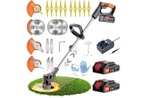 Wrneaoch 21V Cordless Strimmer Cordless Grass Trimmer, Cordless Strimmer with 2 Pieces 2Ah Li-ion Battery and Charger, Lawn Edger Tool for Trimming Grass Weed