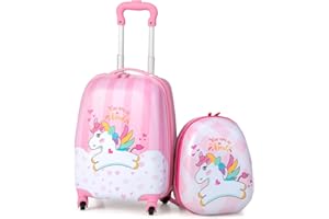 GOPLUS Kinderkoffer mit Rucksack, Kids Trolley, Kindergepäck mit Rollen, Reisekoffer mit Teleskopgriff, Hartschalenkoffer für Kinder, Kindertrolley Farbwahl (Pink Einhorn, 12"+16")